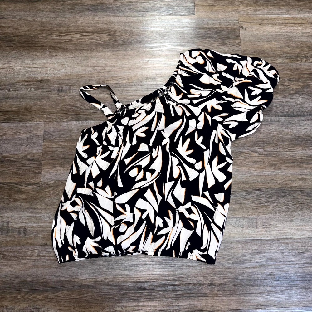 Chenault One Shoulder Top Womens Large Black White Abstract Print Gathered Hem